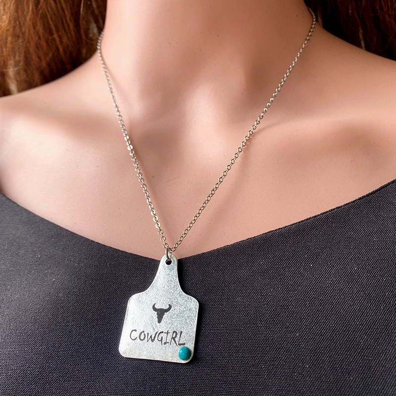 Wholesale Western Cowboy Retro Engraving Cactus Bull Head Horseshoe Turquoise Necklaces