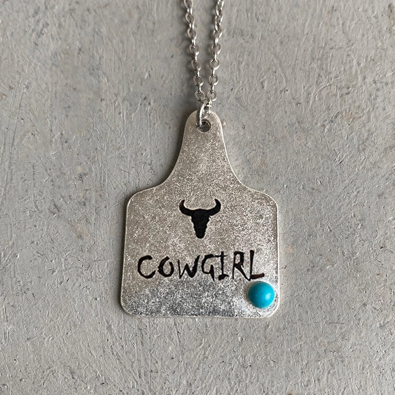 Wholesale Western Cowboy Retro Engraving Cactus Bull Head Horseshoe Turquoise Necklaces