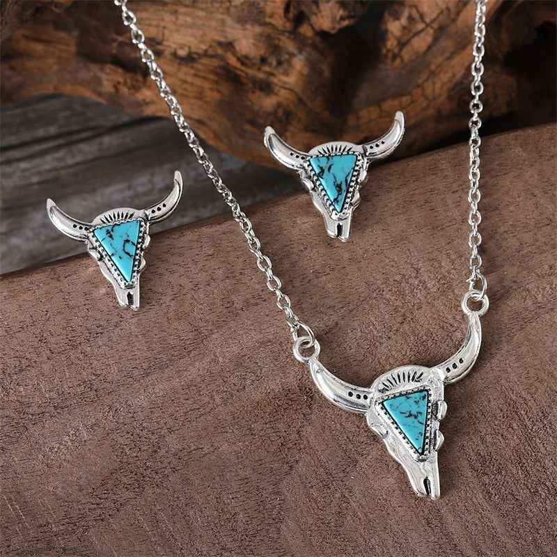 Wholesale Western Cowboy Style Bull Head Triangle Turquoise Earrings Necklace Set Fashion Retro Personality Necklaces