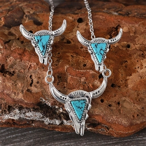 Wholesale Western Cowboy Style Bull Head Triangle Turquoise Earrings Necklace Set Fashion Retro Personality Necklaces