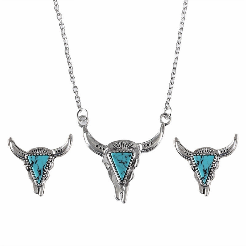 Wholesale Western Cowboy Style Bull Head Triangle Turquoise Earrings Necklace Set Fashion Retro Personality Necklaces