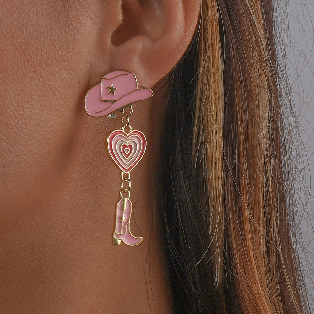 Wholesale Western Cowboy Style Hat Heart Cowboy Boots Oil Drop Earrings