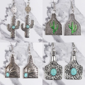 Wholesale Western Distressed Cowboy Style Alloy Turquoise Sunflower Cactus Retro Ethnic Flower Earrings