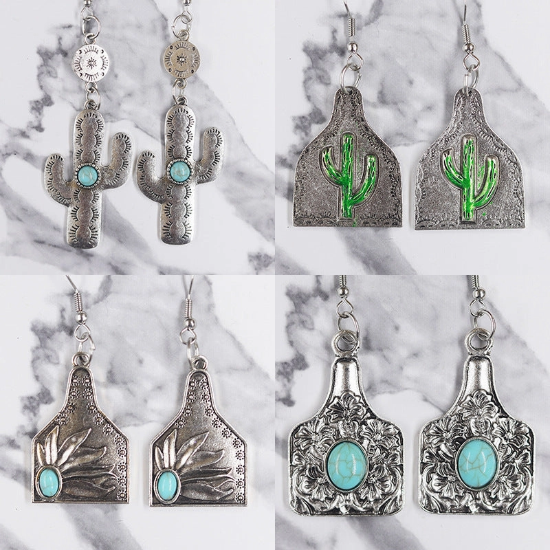 Wholesale Western Distressed Cowboy Style Alloy Turquoise Sunflower Cactus Retro Ethnic Flower Earrings