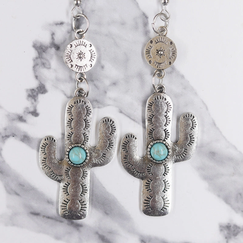 Wholesale Western Distressed Cowboy Style Alloy Turquoise Sunflower Cactus Retro Ethnic Flower Earrings
