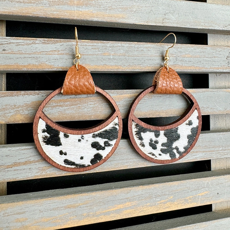 Wholesale Western Leather Circular Geometric Hollow Inlaid with Leopard Print Classic Exaggerated Earrings