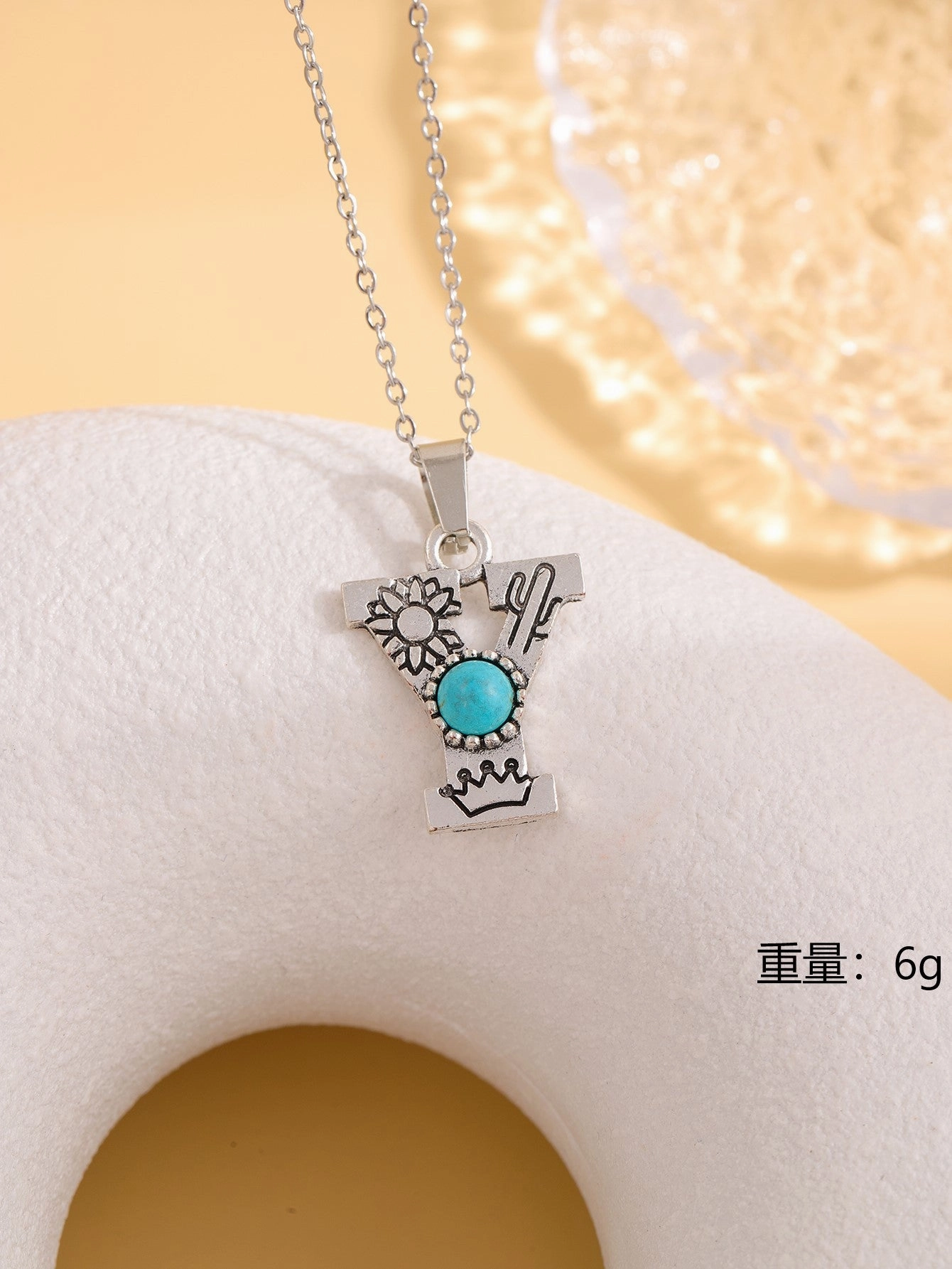 Wholesale Western stainless steel chain cactus turquoise letter necklace