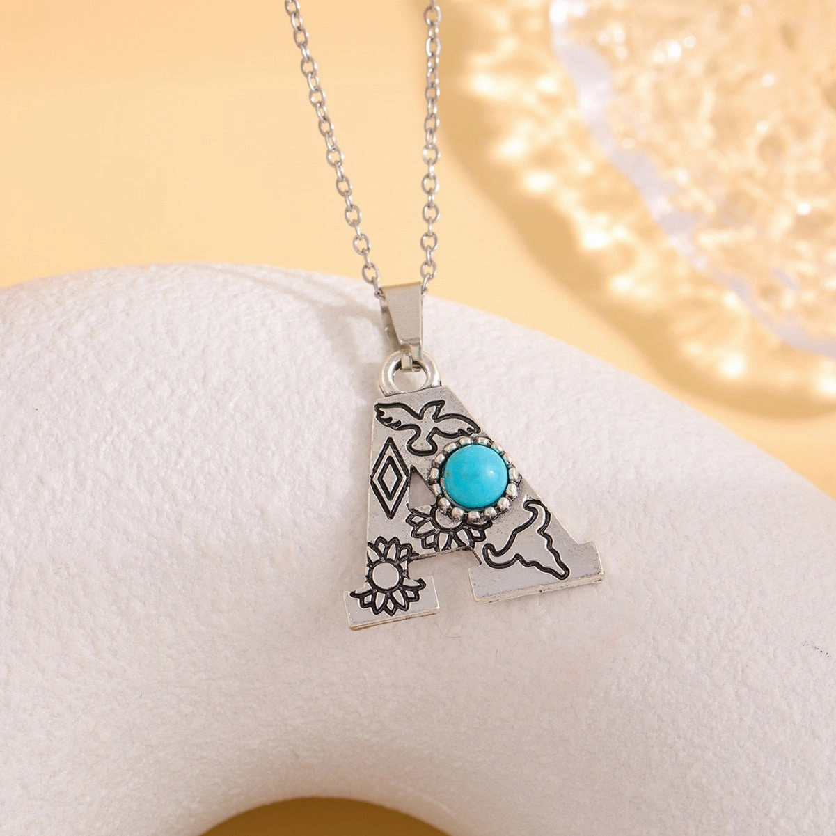 Wholesale Western stainless steel chain cactus turquoise letter necklace