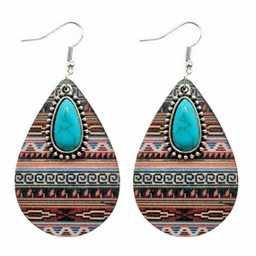 Wholesale Western Style Aztec Turquoise Ethnic Style Leather Drop Earrings