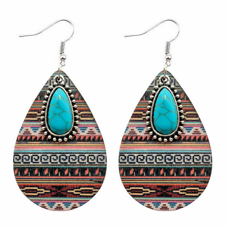 Wholesale Western Style Aztec Turquoise Ethnic Style Leather Drop Earrings