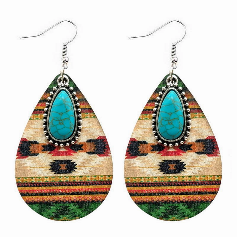 Wholesale Western Style Aztec Turquoise Ethnic Style Leather Drop Earrings