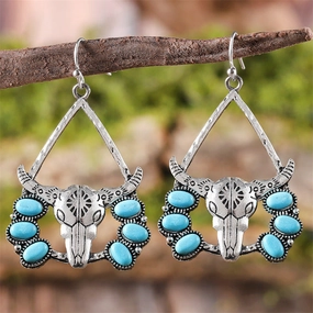 Wholesale Western Style Bull Head Tribal Turquoise Exaggerated Retro Ethnic Style Earrings