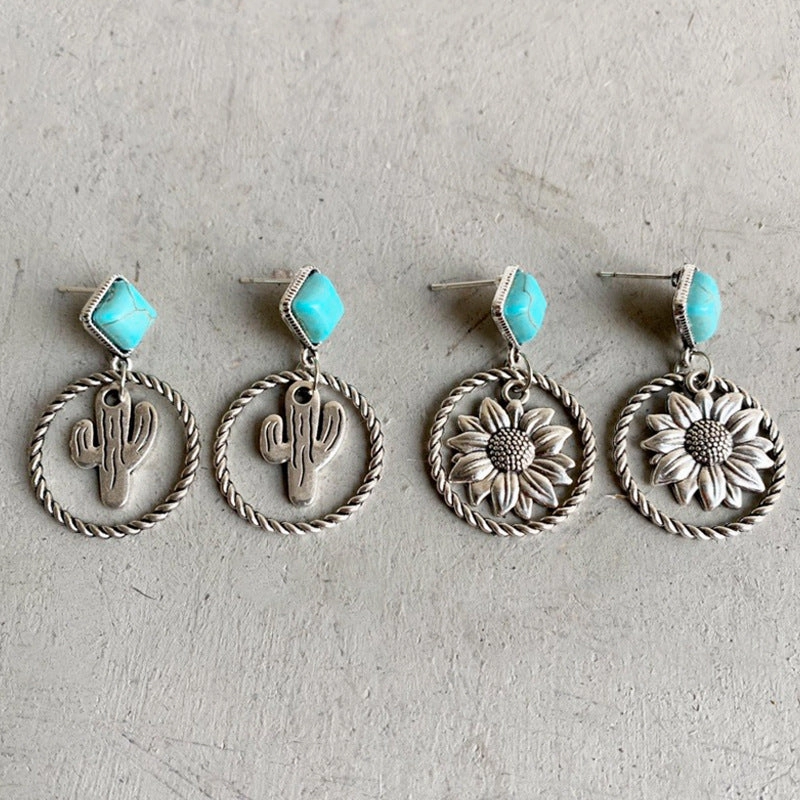 Wholesale Western Style Cactus Sunflower Alloy Turquoise Earrings