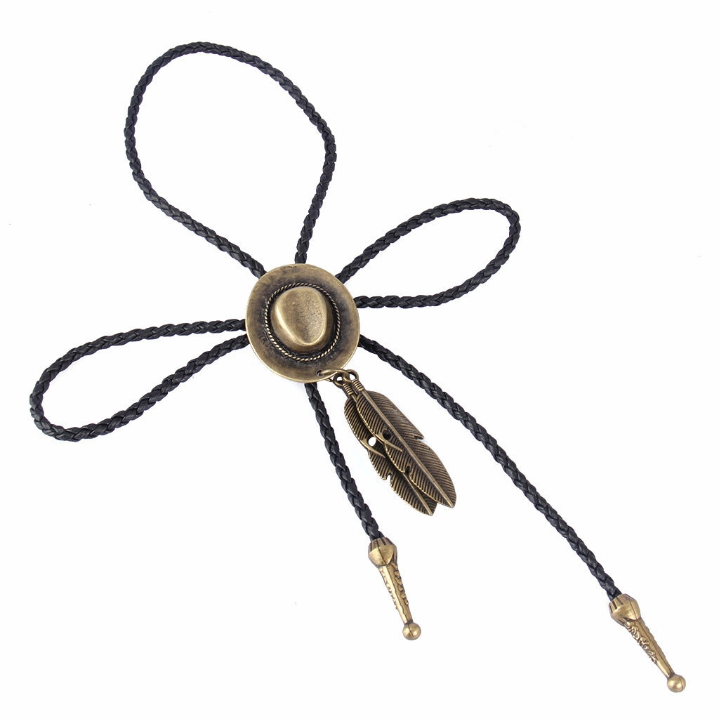 Wholesale Western style feather bolo braided leather alloy pendant necklace