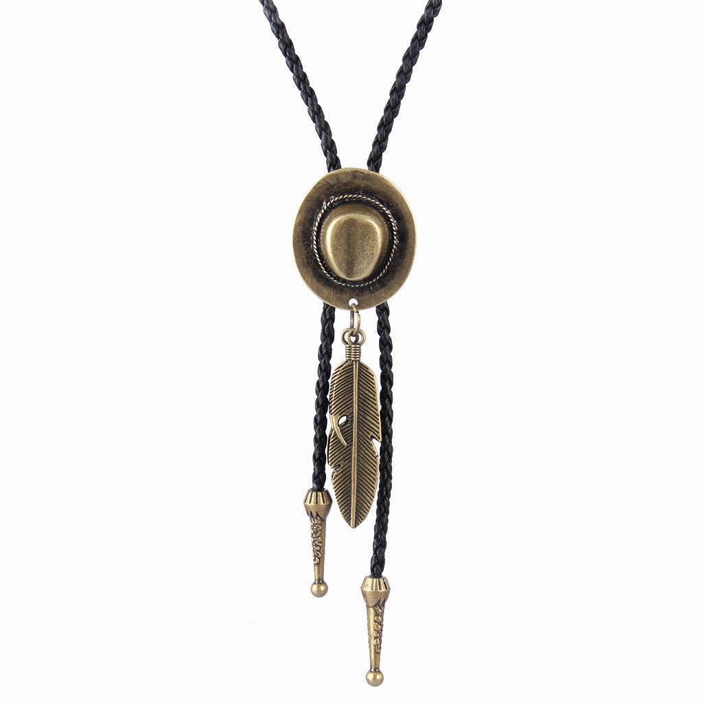Wholesale Western style feather bolo braided leather alloy pendant necklace
