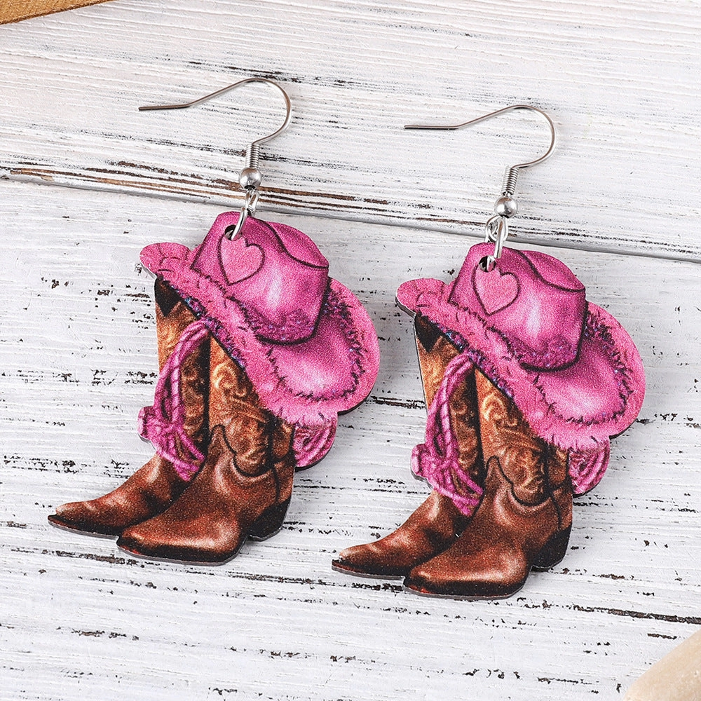 Wholesale Western Style Pink Cowboy Hat Cowboy Boots Pendant Earrings