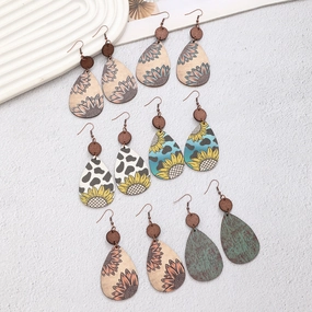 Wholesale Western style sunflower cow pattern farm retro wood grain wood chip thin Earrings