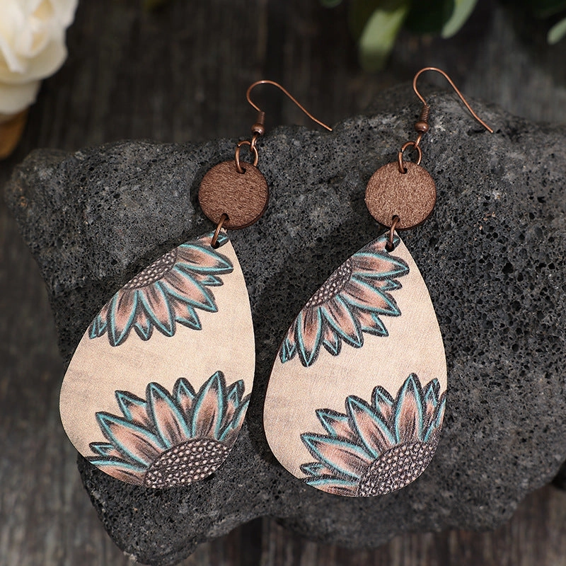 Wholesale Western style sunflower retro wood carving water drop Earrings creative stitching Earrings