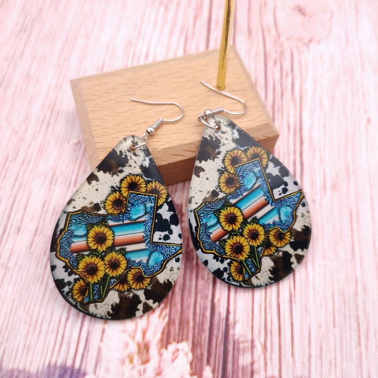 Wholesale Western Style Texas Map Cow Pattern Sunflower Water Drop Acrylic Earrings