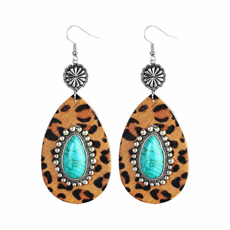 Wholesale Western Style Turquoise Water Drop Leopard Print Leopard Print Geometric Plush Earrings