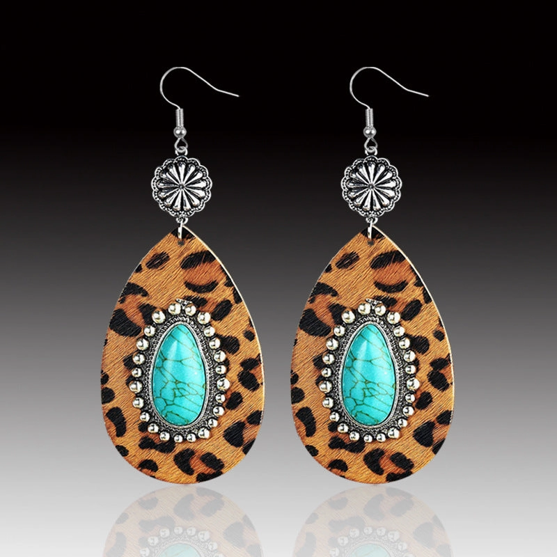 Wholesale Western Style Turquoise Water Drop Leopard Print Leopard Print Geometric Plush Earrings