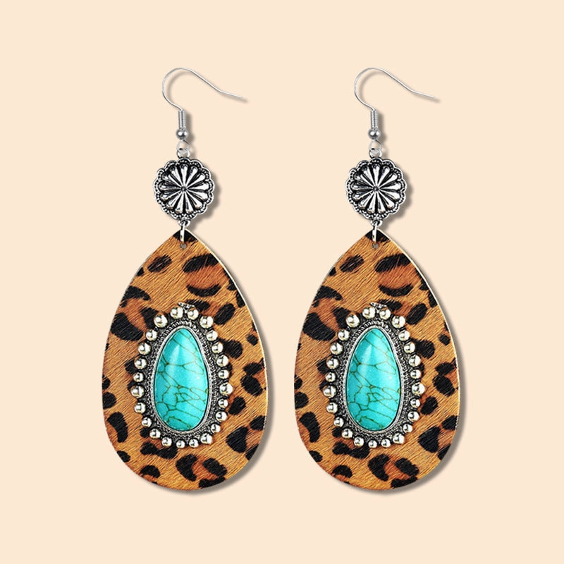 Wholesale Western Style Turquoise Water Drop Leopard Print Leopard Print Geometric Plush Earrings