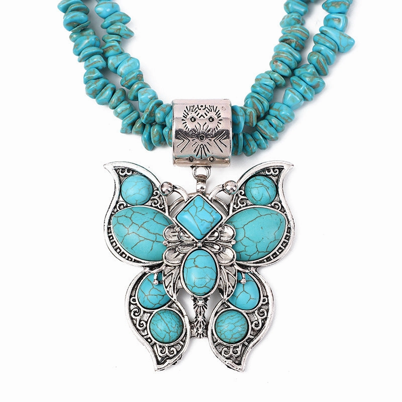 Wholesale Western style water drop turquoise butterfly vintage carved necklace