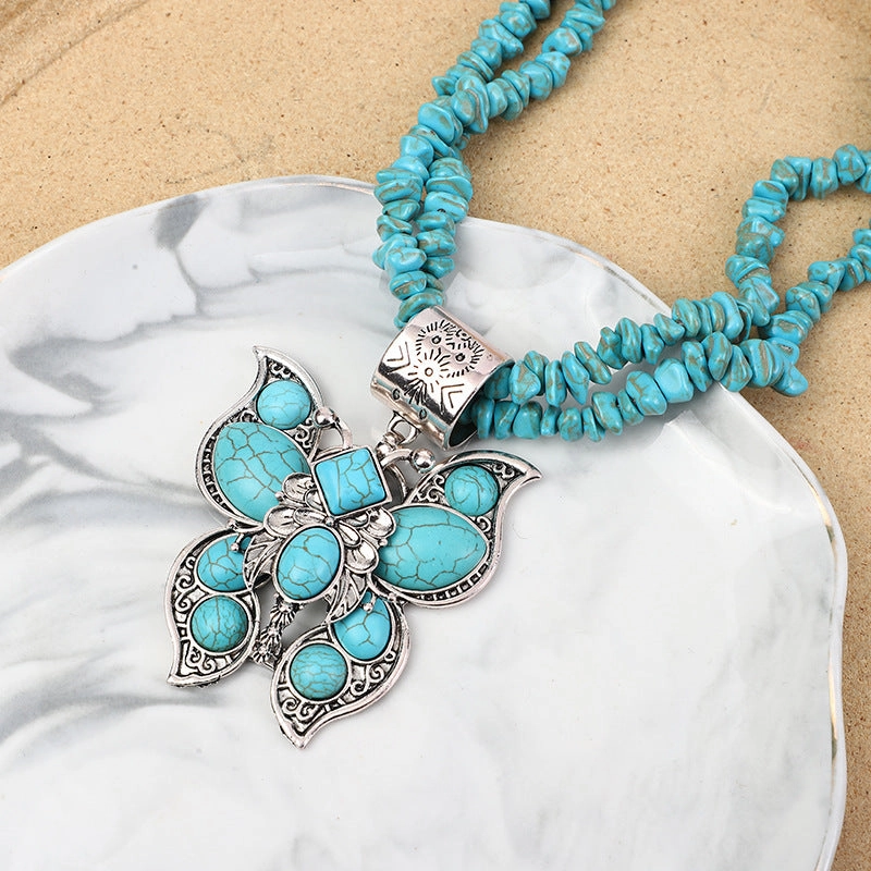Wholesale Western style water drop turquoise butterfly vintage carved necklace