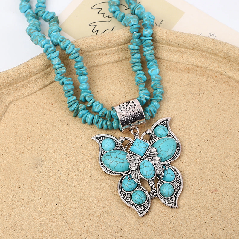 Wholesale Western style water drop turquoise butterfly vintage carved necklace
