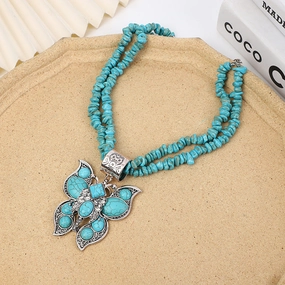 Wholesale Western style water drop turquoise butterfly vintage carved necklace