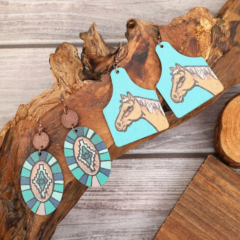 Wholesale Western Wind Sunflower Cactus Horsehead Wooden Earrings