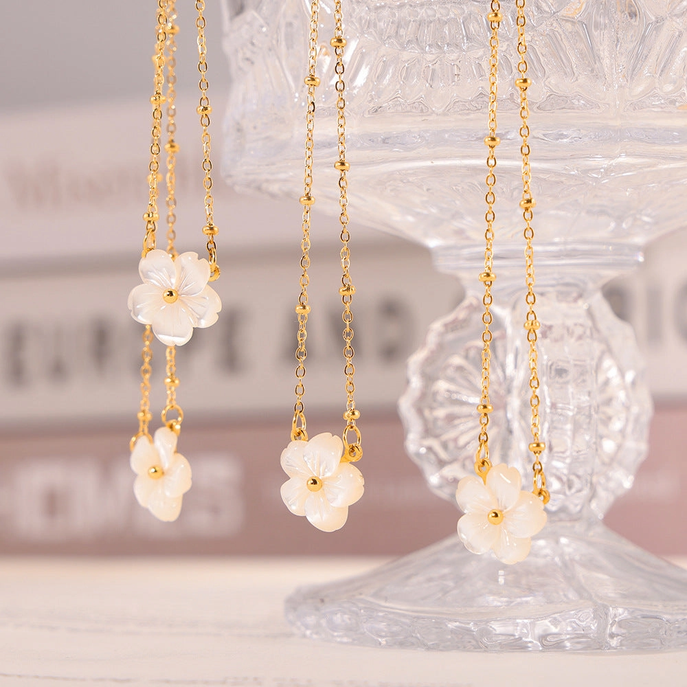 Wholesale White Sea Shell Flower Pendant Clip Bead Chain Titanium Steel Necklace