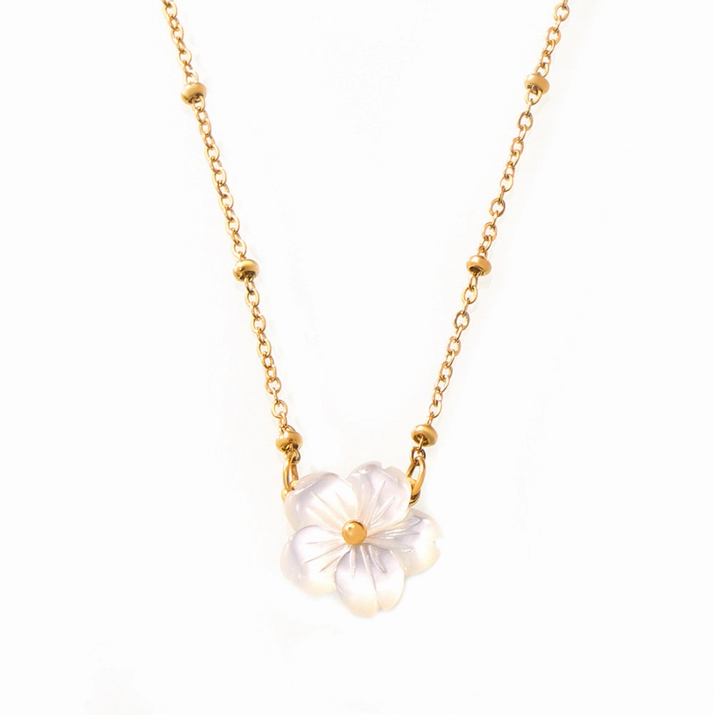 Wholesale White Sea Shell Flower Pendant Clip Bead Chain Titanium Steel Necklace