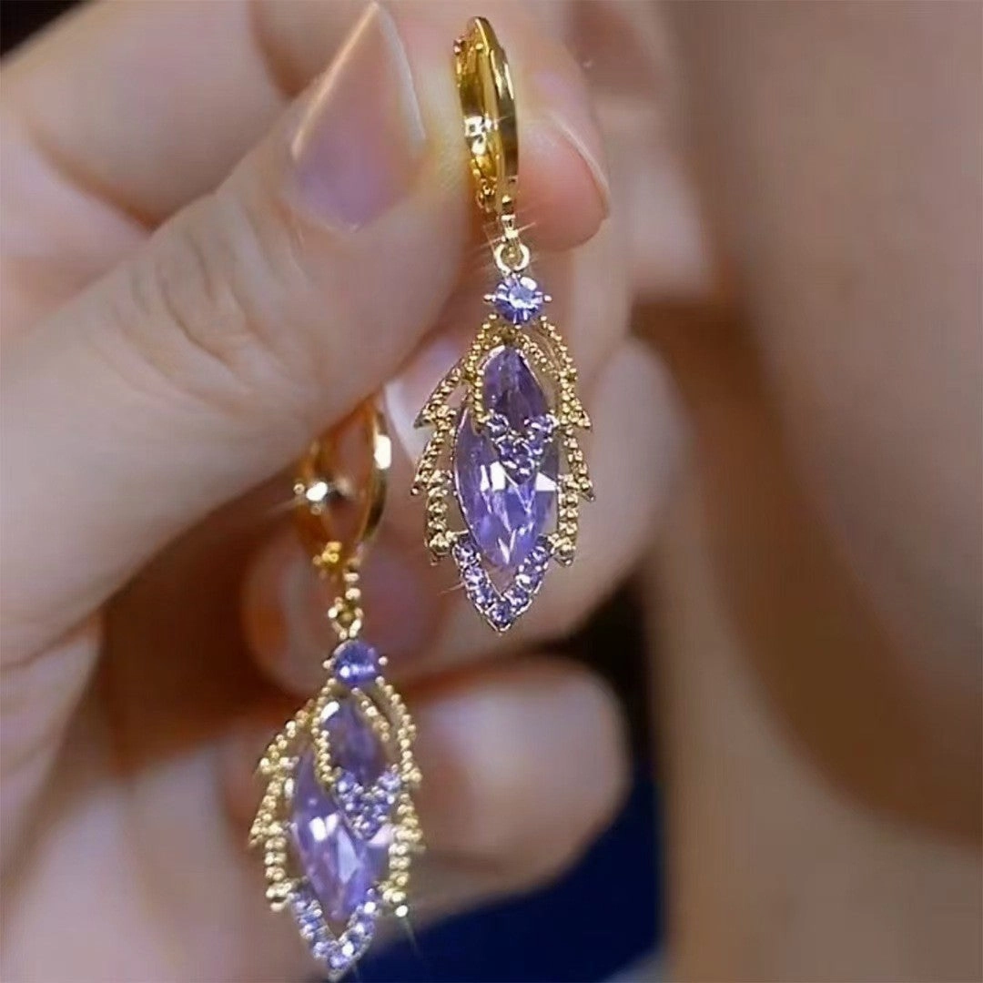 Wholesale wholesale 2024 new style purple diamond leaf earrings women's light luxury niche design high temperament earrings