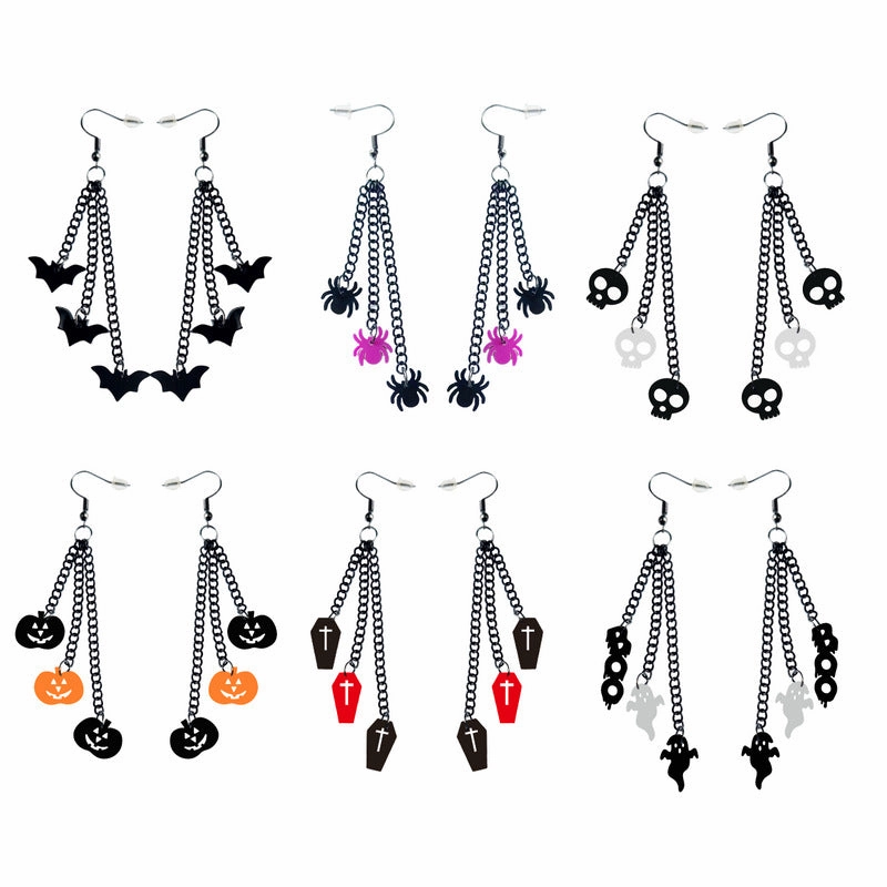 Wholesale Wholesale Halloween Acrylic Black Chain Bat Skeleton Spider Pumpkin Coffin BOO Ghost Earrings