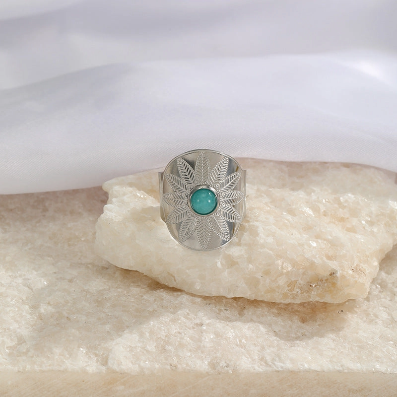 Wholesale Wide Face Stainless Steel Turquoise Live Mouth Ring
