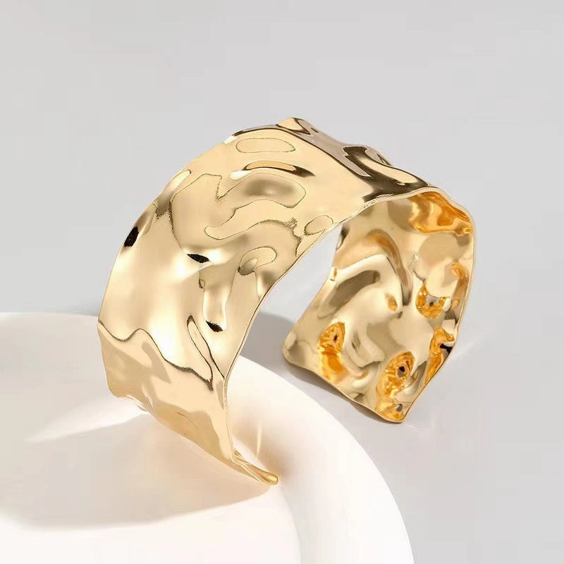 Wholesale wide hammered pleated golden bracelet