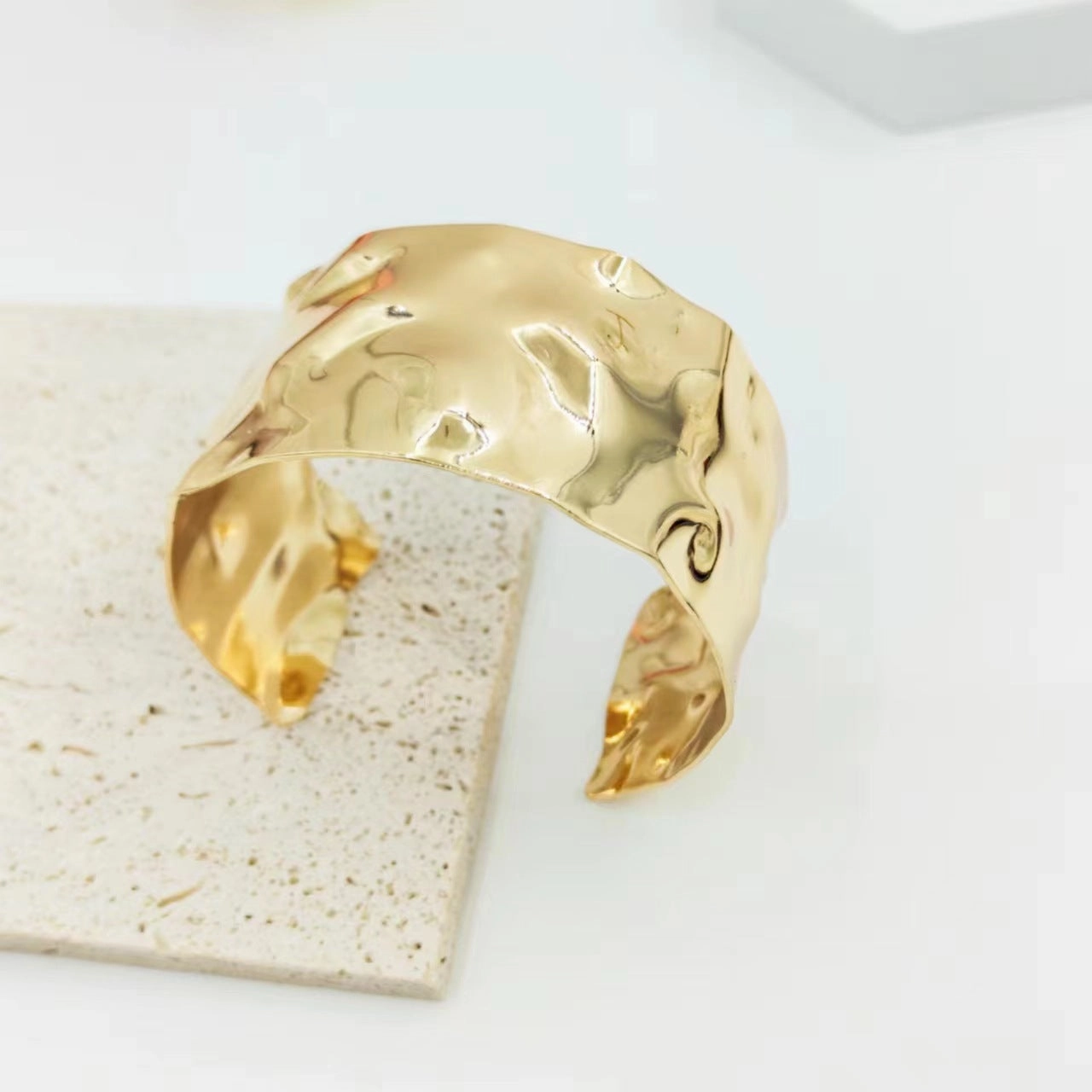 Wholesale wide hammered pleated golden bracelet