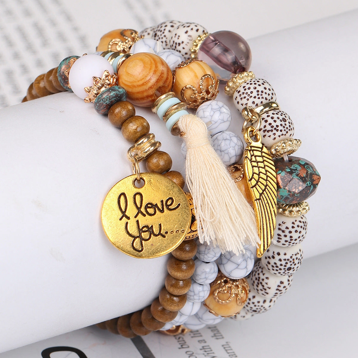 Wholesale Wing Wood Bead Tassel Elastic Bracelet