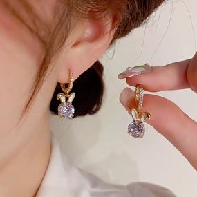 Wholesale Women's Summer Personality Exquisite Super Flash Zircon Rabbit Ear Buckle Earrings