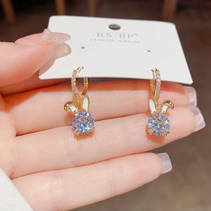 Wholesale Women's Summer Personality Exquisite Super Flash Zircon Rabbit Ear Buckle Earrings