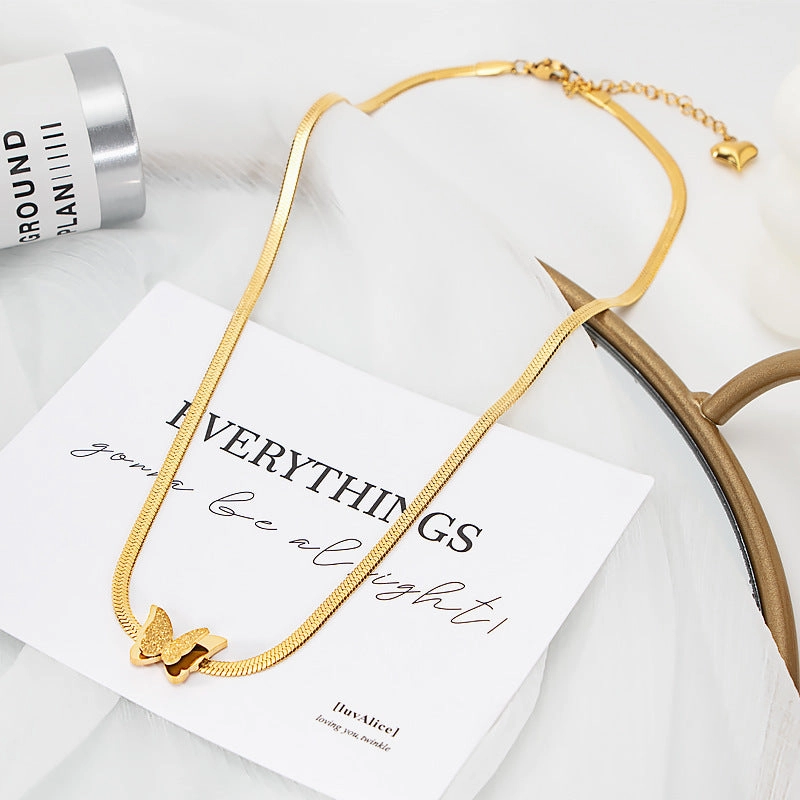 Wholesale Women's Titanium Steel Elegant Simple Butterfly Tassel Blade Chain Necklace