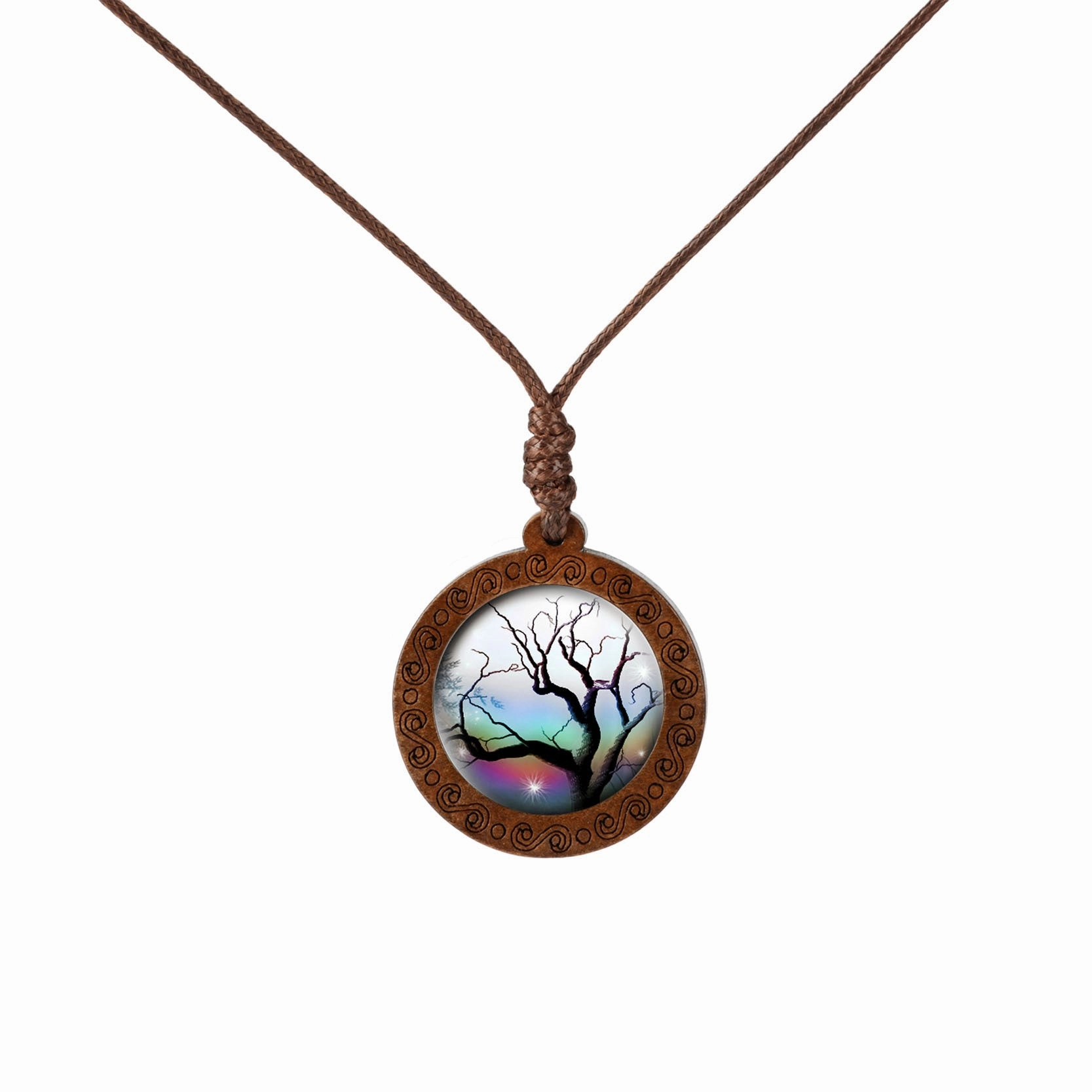 Wholesale Wood Tree of Life Time Gemstone Glass Pendant Necklace