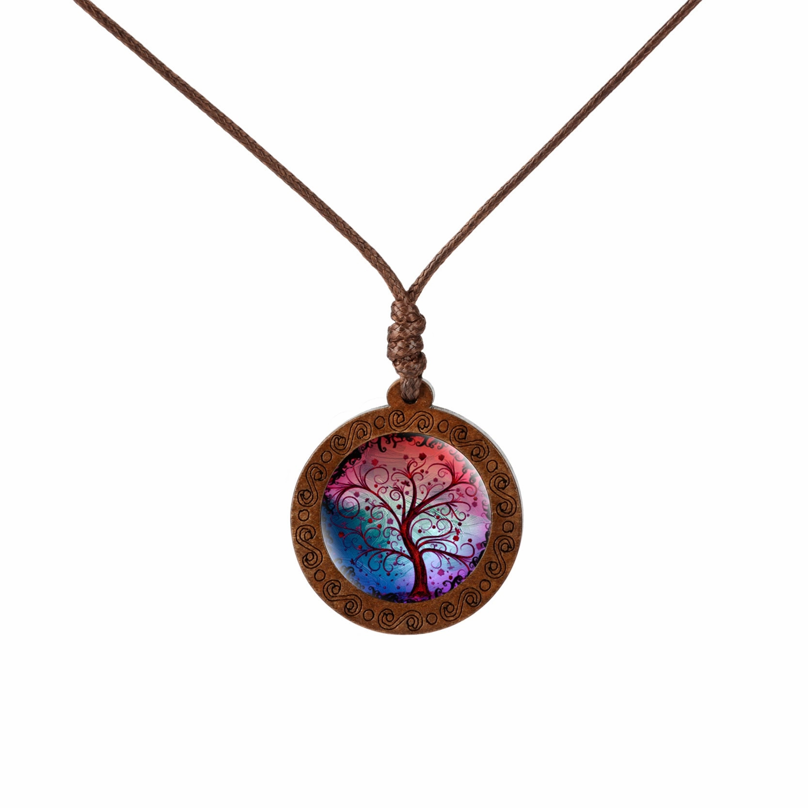 Wholesale Wood Tree of Life Time Gemstone Glass Pendant Necklace
