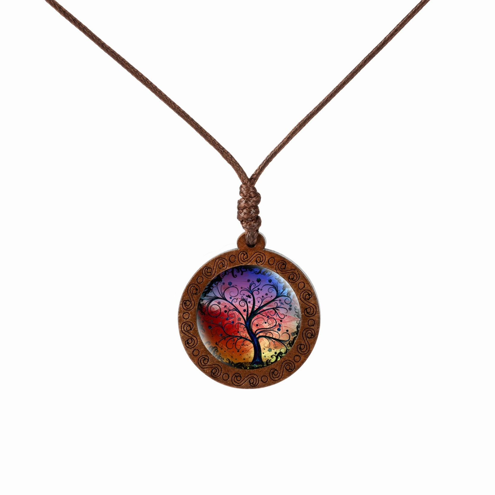 Wholesale Wood Tree of Life Time Gemstone Glass Pendant Necklace