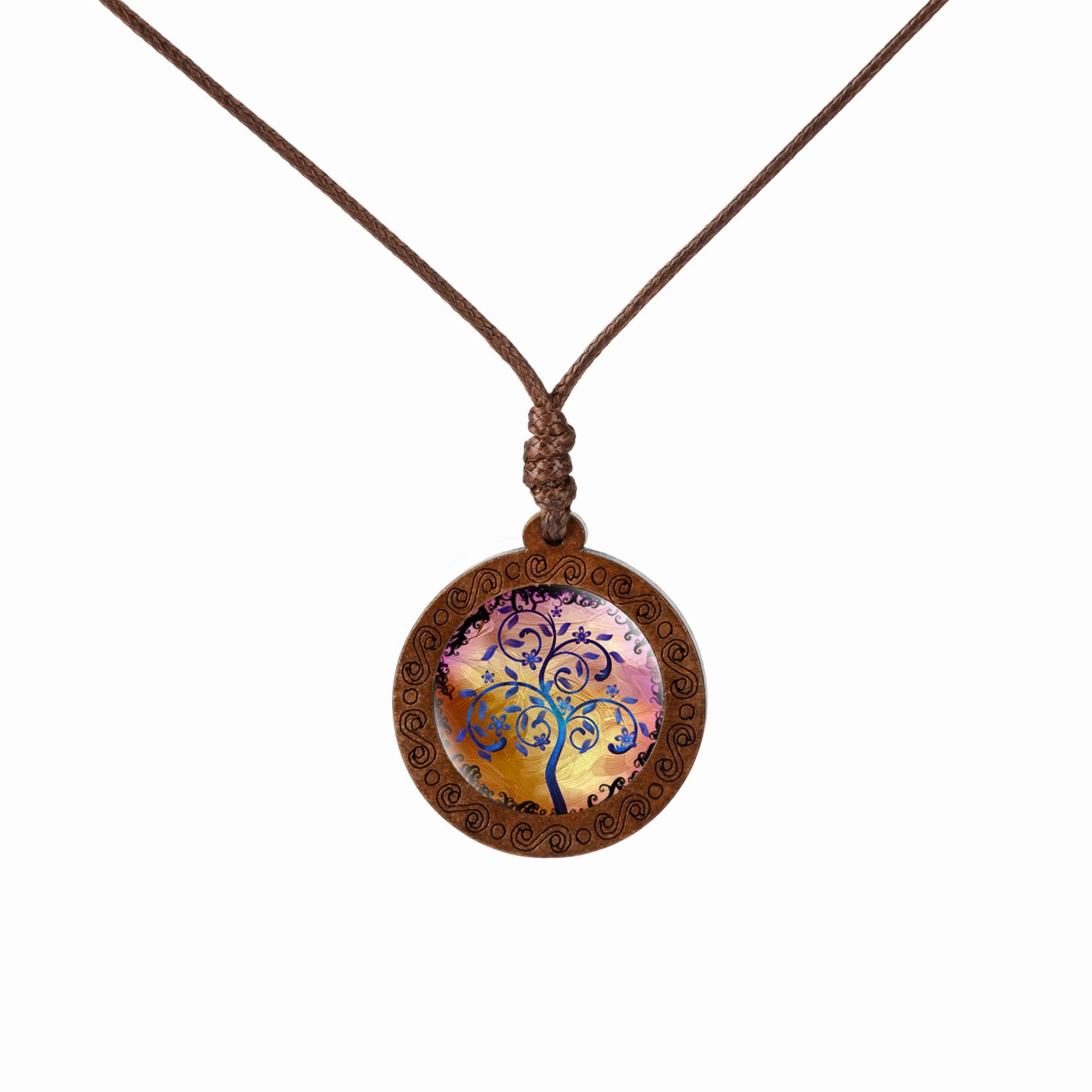 Wholesale Wood Tree of Life Time Gemstone Glass Pendant Necklace