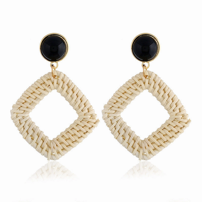 Wholesale Wooden Bohemian Bamboo Rattan Handmade Woven Rattan Earrings
