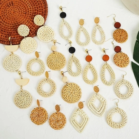 Wholesale Wooden Bohemian Bamboo Rattan Handmade Woven Rattan Earrings