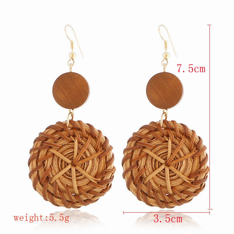 Wholesale Wooden Bohemian Bamboo Rattan Handmade Woven Rattan Earrings