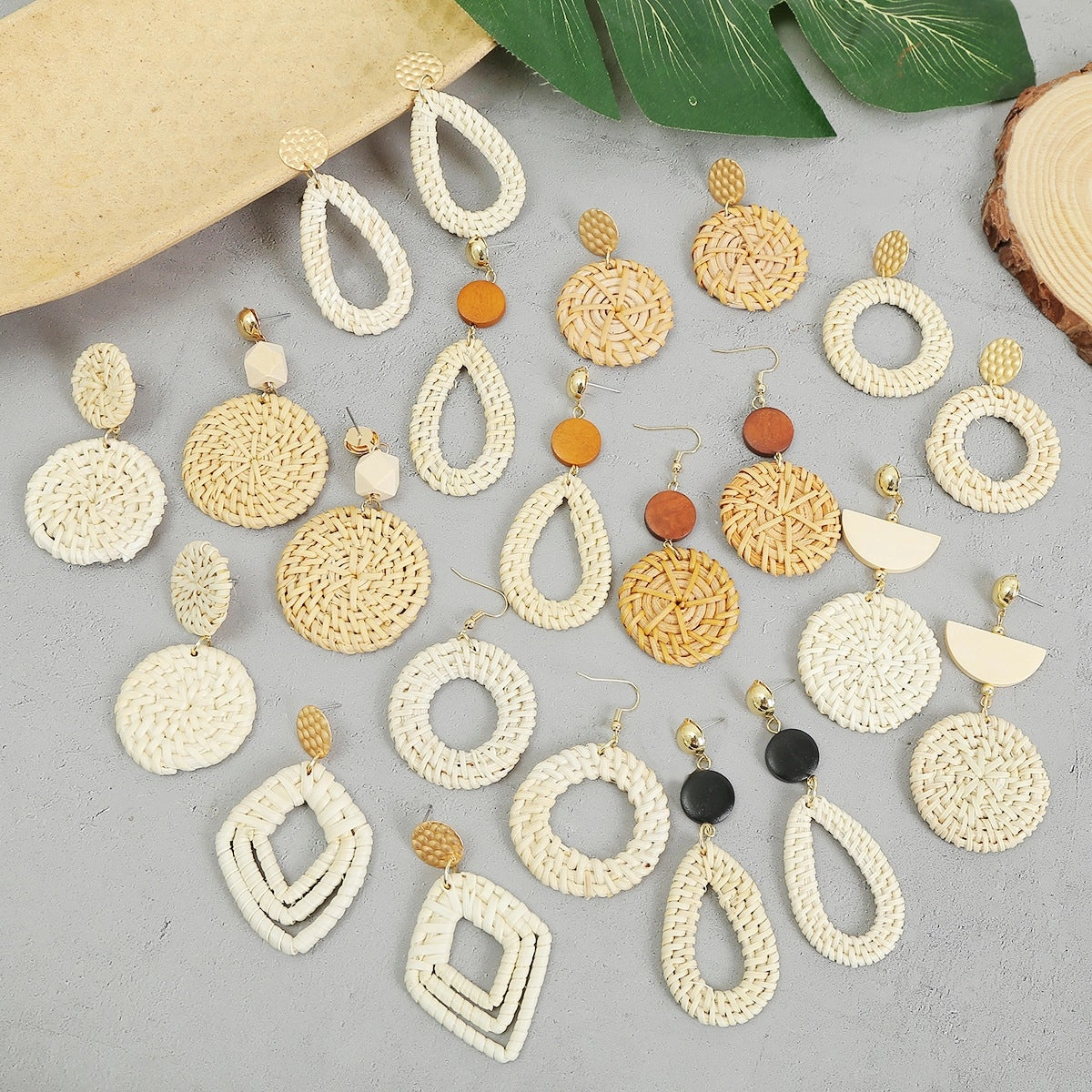 Wholesale Wooden Bohemian Bamboo Rattan Handmade Woven Rattan Earrings